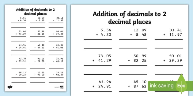 adding whole numbers and decimals worksheet to two places
