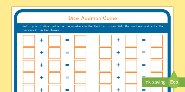 Dice Addition Game Elementary Math Resources K 2