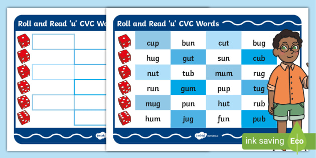 Roll and Read 'u' CVC Words Mat (teacher made)