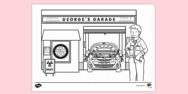 FREE! - Mechanic Outside Garage Colouring | Colouring Sheets