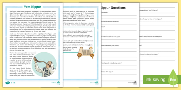 Yom Kippur Differentiated Reading Comprehension Activity