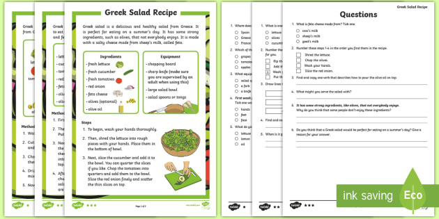 new ks1 greek salad healthy recipe differentiated reading new ks1 greek salad healthy recipe differentiated reading comprehension activity instructions steps