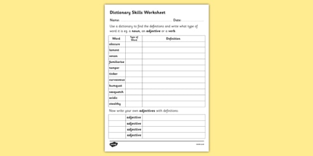 dictionary skills word table worksheet esl dictionary resources