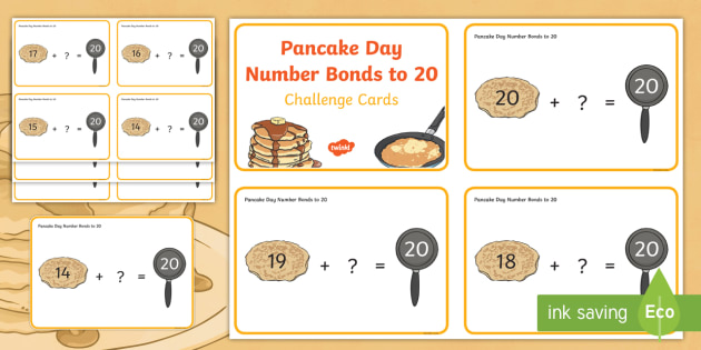 Pancake Day Number Bonds to 20 Challenge Cards - Pancake 