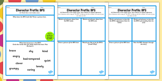 Free Character Profile Worksheet To Support Teaching On The Bfg