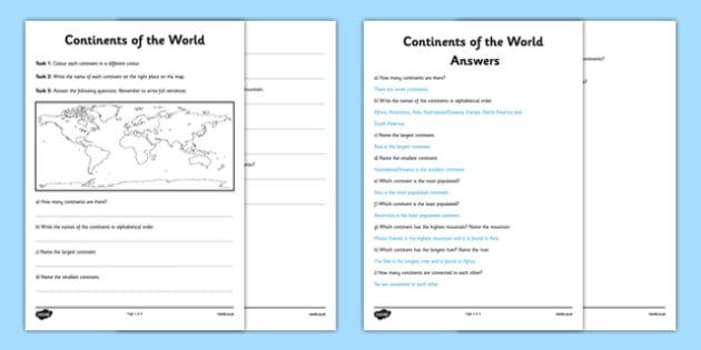 continents of the world worksheet ks1 primary resources
