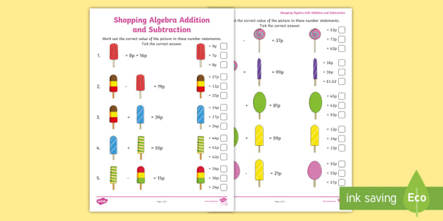 Algebra Addition & Subtraction Worksheet - Primary Resource