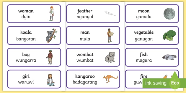 Dharawal Aboriginal Language Word Cards Australian Curriculum