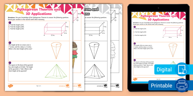 Eighth Grade Pythagorean Theorem and 3D Applications Worksheet