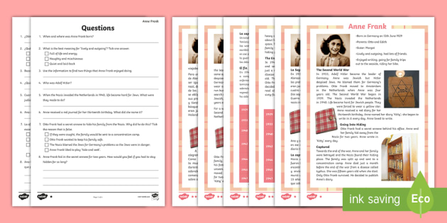 The Diary Anne Frank Worksheet with Answers: English/Spanish
