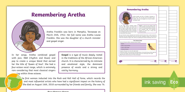 remembering aretha franklin worksheet teacher made