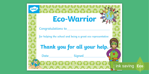 Eco Warrior Award Certificate
