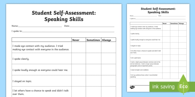 Student Self-Assessment: Speaking Skills Worksheet / Worksheet