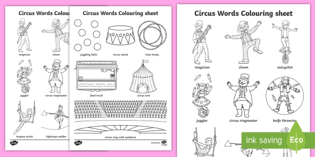 circus words coloring sheet teacher made