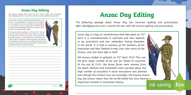 Anzac Day Editing Worksheet (teacher made)