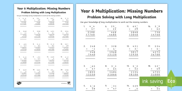 year 6 long multiplication missing numbers activity