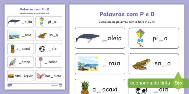 Atividade de completar as palavras com a letra E.