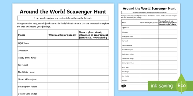 Map Scavenger Hunt Worksheet