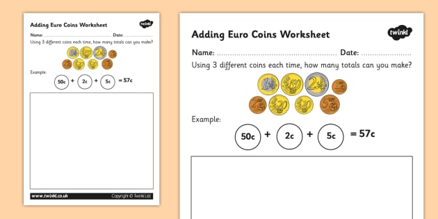 teaching money euro coins worksheet 1st 2nd class