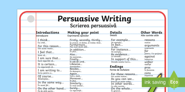 Persuasive Writing Word Mat English Romanian Persuasive Writing