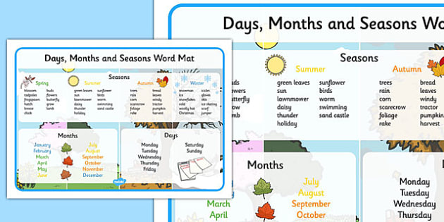 Days Months And Seasons Word Mat