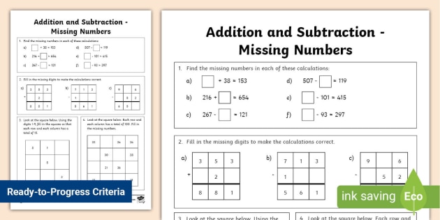 Addition Missing Numbers Worksheet Class 4