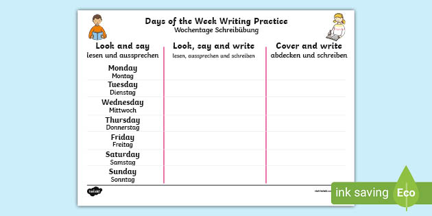 Days Of The Week English German Writing Worksheet