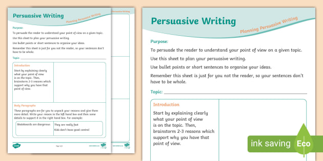 Level 2 Writing - Persuasive Writing Planning Sheet