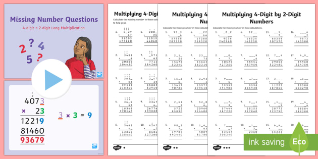 multiplication 4 digit x 2 digit missing numbers differentiated worksheet
