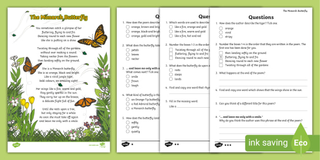 Monarch Butterfly Poem Reading Comprehension - KS1 - Twinkl
