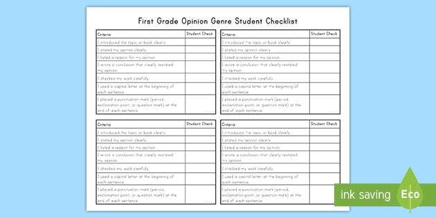 First Grade Opinion Writing Genre Student Checklist