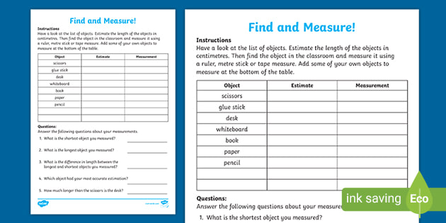 find and measure classroom objects worksheet