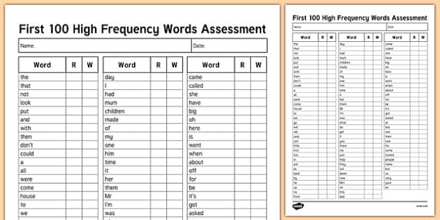 First One Hundred High Frequency Words Assessment Checklist