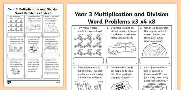 grade 3 multiplication and division word problems x3 x4 x8 worksheet