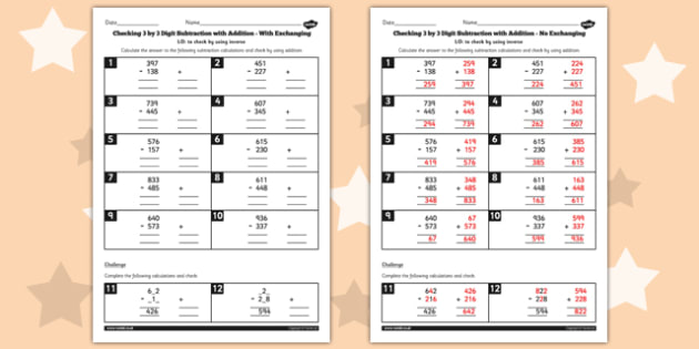 Y3 Inverse Check 3 Digit 3 Subtraction Addition Exchanging Sheet