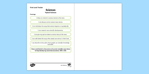 CfE Sciences (Topical Science) First Level Child Friendly Tracking