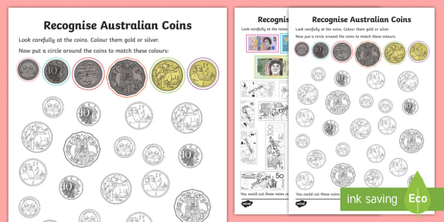 Download Recognise Australian Coins and Notes Colouring Pages