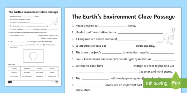 The Earth's Environment - Cloze Passage Worksheet / Worksheet
