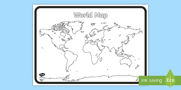 black and white world map with country names for kids