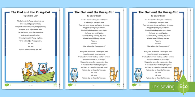 Ks The Owl And The Pussy Cat Poem Differentiated Reading Comprehension ...