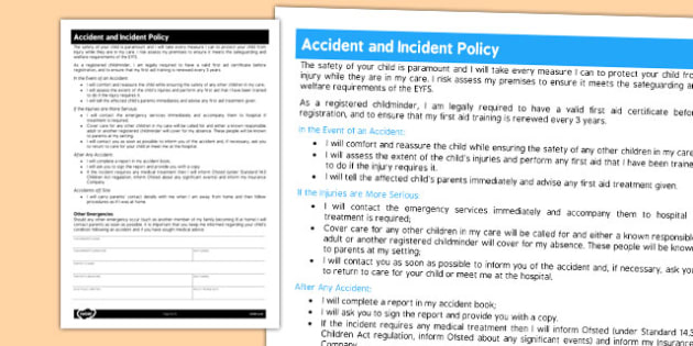 Childminder Accident And Incident Policy Teacher Made