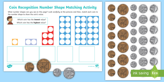 coin recognition number shapes matching worksheet