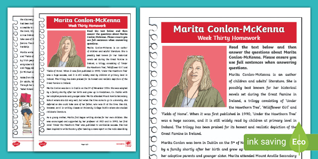 Marita Conlon-McKenna Comprehension Activity Week Thirty Homework