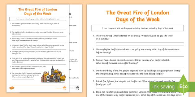 The Great Fire of London Days of the Week Worksheet