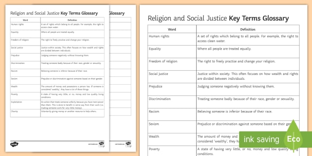 religion and social justice key words worksheet activity sheets