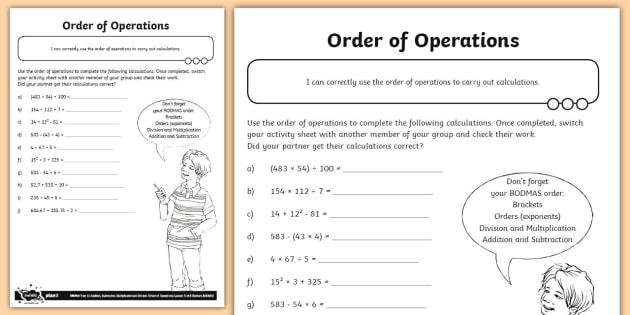 order of operations activity order of operations worksheet
