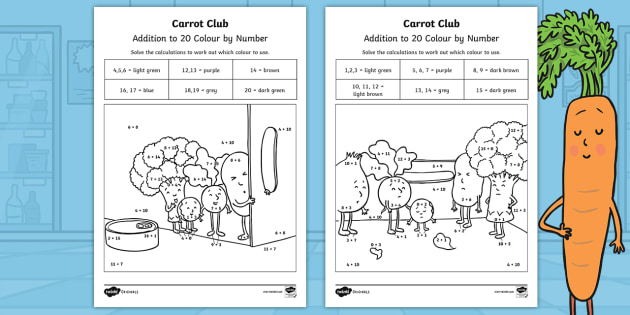 Carrot club addition to 20 colour by number teacher made 