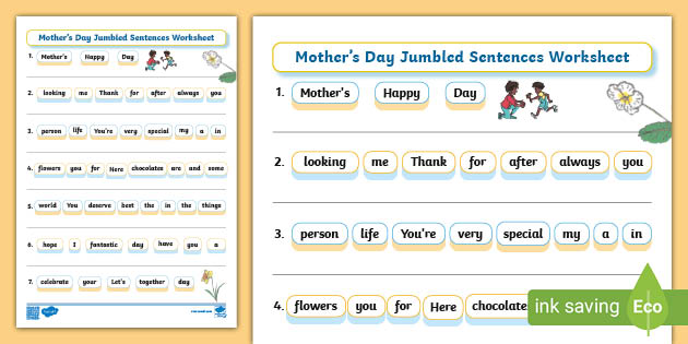 ESL Mother's Day Jumbled Sentences Worksheet [Kids, A1-A2]