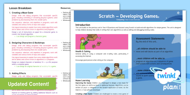 Computing Scratch Developing Games Year 5 Planning Overview