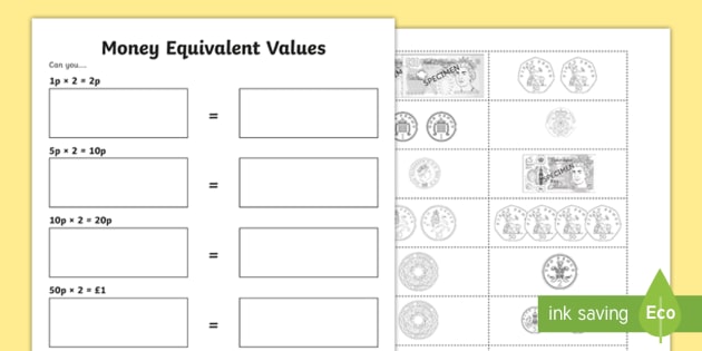 Money Equivalent Values Matching Worksheet - Money, pounds, sterling, coins